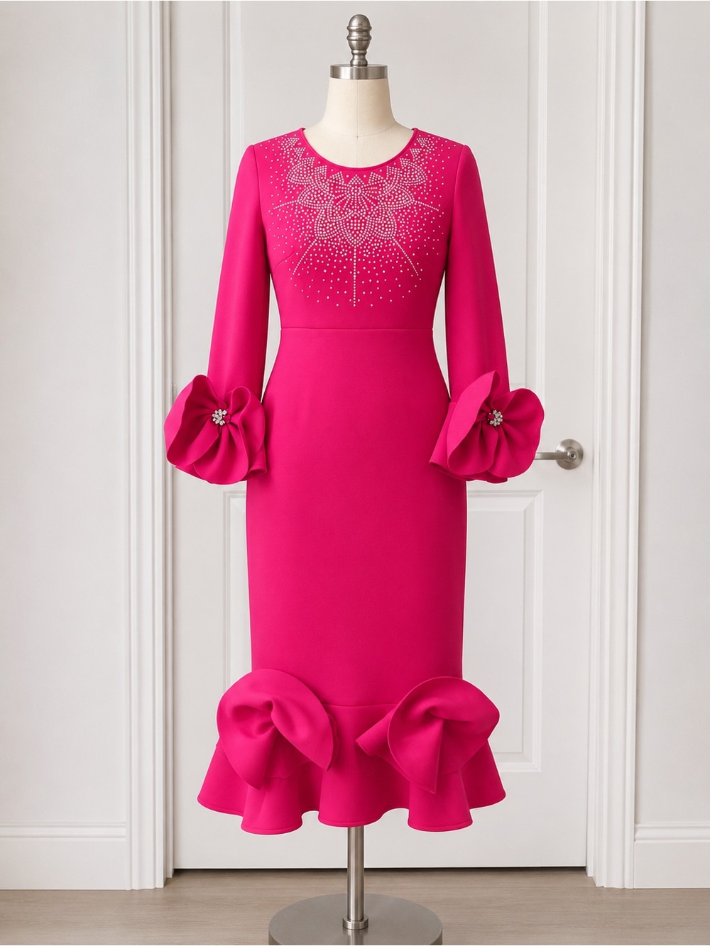 Terramina Hot Pink Rhinestone Ruffle Hem Sheath Dress Women’s Size 8 Church NWT